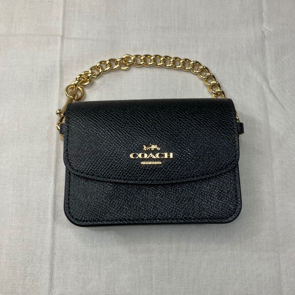 Coach Poppy Crossbody Card Case Black Crossgrain Leather Gold Chain C0737